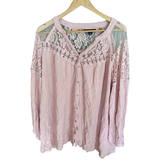 Roaman's Womans Sz 22W Blouse Long Sleeve Floral Lace Pink V Neck Button Front - Picture 2 of 11